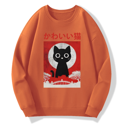Retro Cute Black Cat Cotton Pullover Sweatshirt