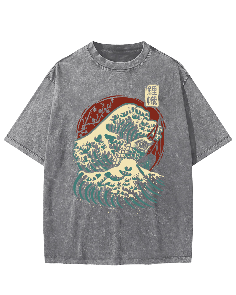 Koi Fish Wave Japanese Style Vintage Washed T-shirt-Zazasy