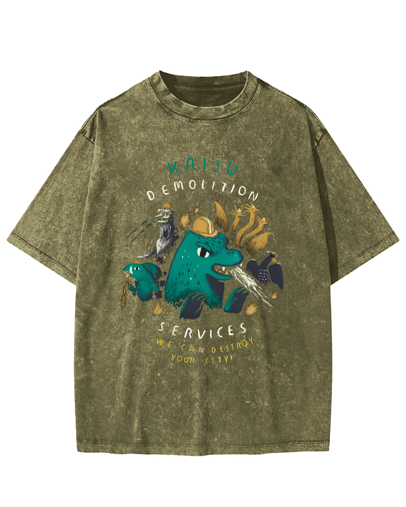 Cartoon Dinosaur Leisure Vintage Washed T-shirt-Zazasy