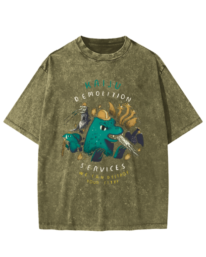 Cartoon Dinosaur Leisure Vintage Washed T-shirt-Zazasy