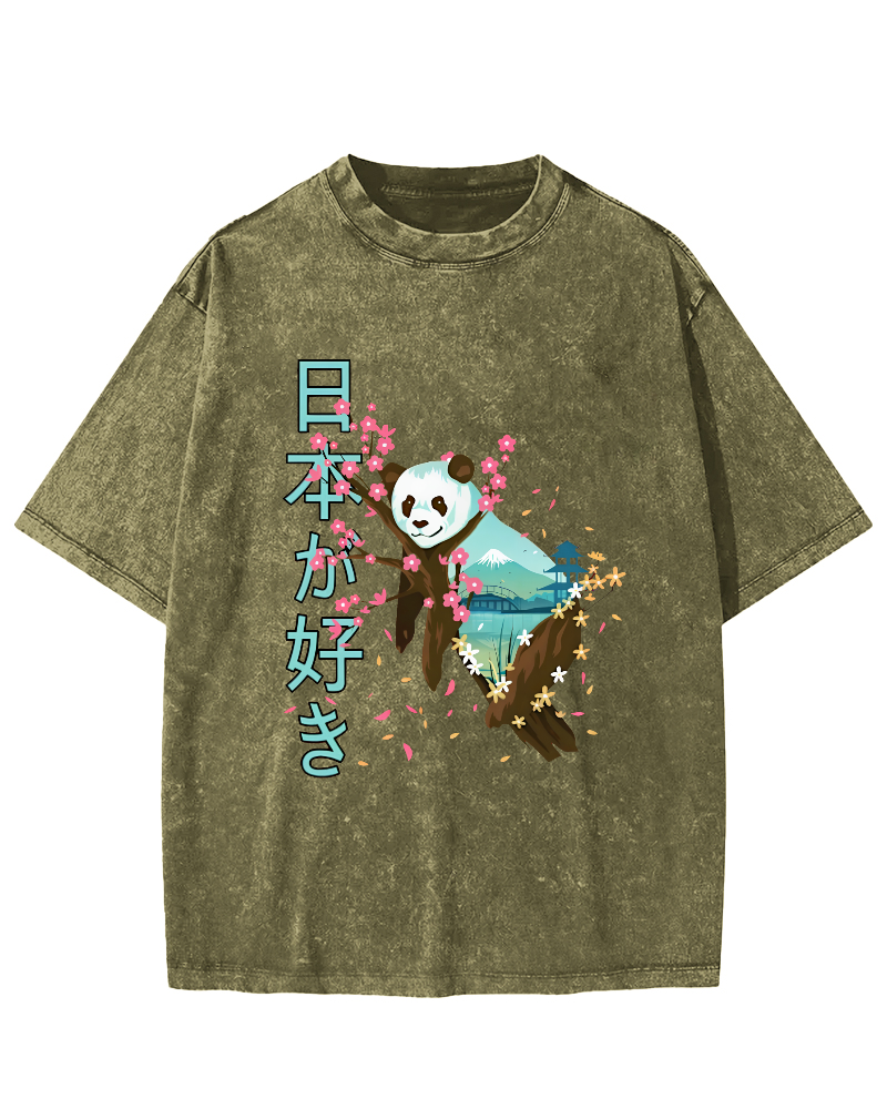 Cute Panda Japanese Style Vintage Washed T-shirt-Zazasy