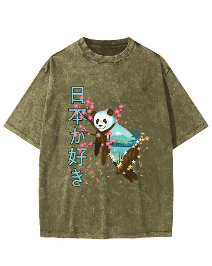 Cute Panda Japanese Style Vintage Washed T-shirt-Zazasy