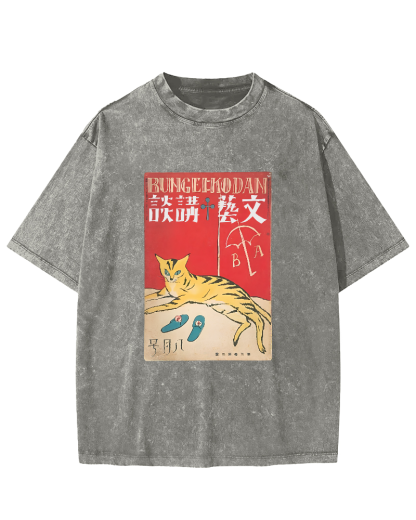 Japanese Cat Pattern Vintage Distressed T-shirt-Zazasy