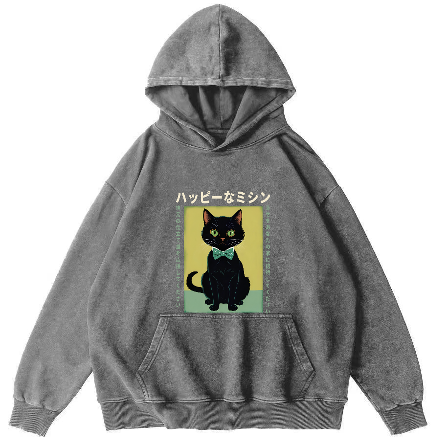 Kitten Pattern Japanese Washed Hoodie-Zazasy