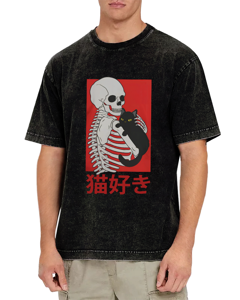 Skeleton And Cat Japanese Style Vintage Washed T-shirt-Zazasy