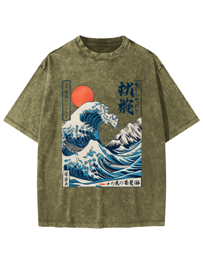 Ukiyo-e ocean Waves Vintage Washed T-shirt-Zazasy