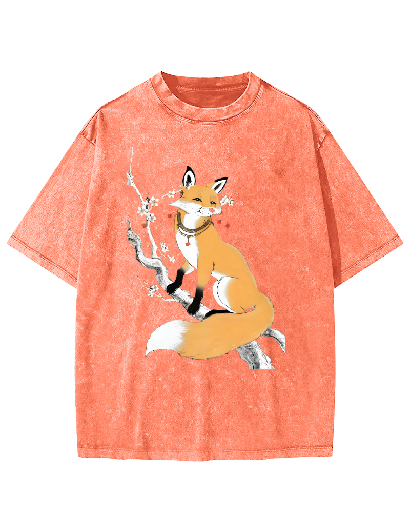 Fox Landscape Painting Japanese Style Vintage Washed T-shirt-Zazasy