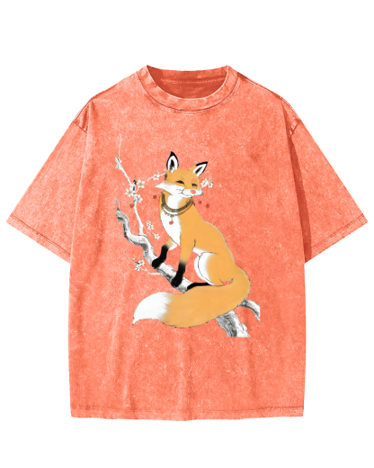 Fox Landscape Painting Japanese Style Vintage Washed T-shirt-Zazasy