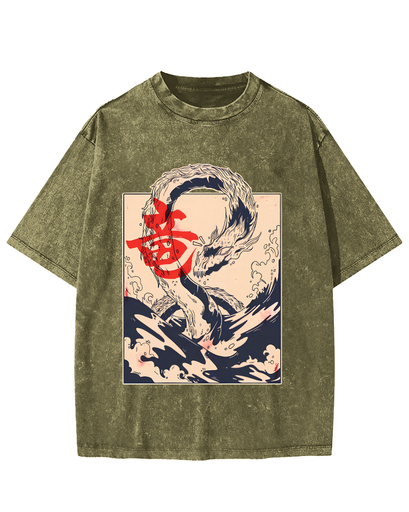 Retro Water God Dragon Pattern Japanese Style Vintage Distressed T-shirt-Zazasy