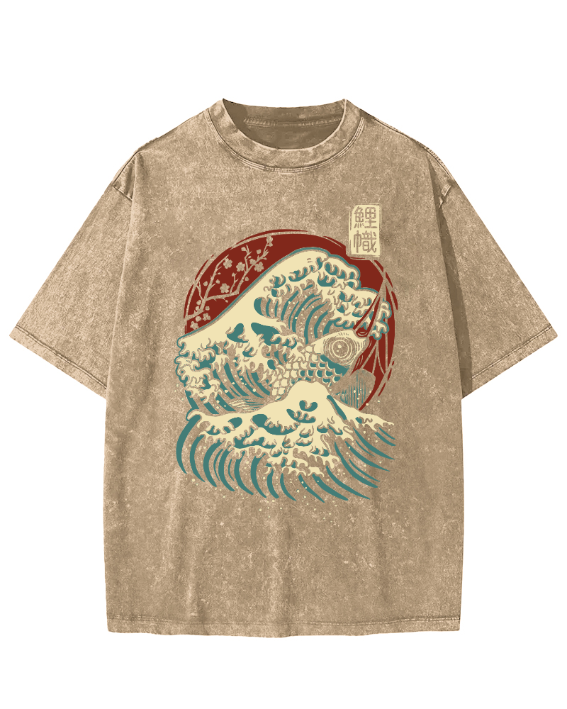 Koi Fish Wave Japanese Style Vintage Washed T-shirt-Zazasy