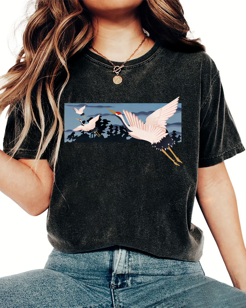 Idle Clouds, Wild Cranes, Japanese Style Vintage Washed T-shirt-Zazasy