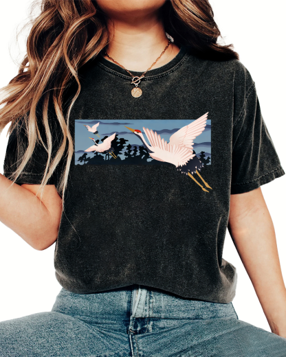 Idle Clouds, Wild Cranes, Japanese Style Vintage Washed T-shirt-Zazasy