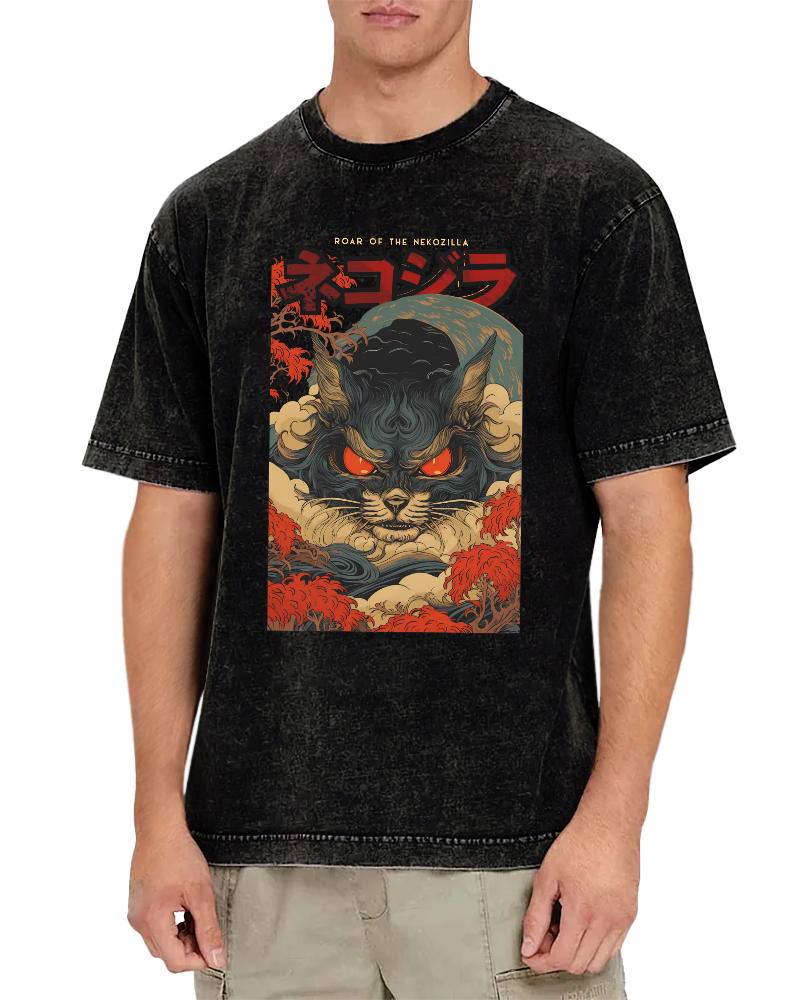 Monster Cat Japanese Style Vintage Washed T-shirt-Zazasy