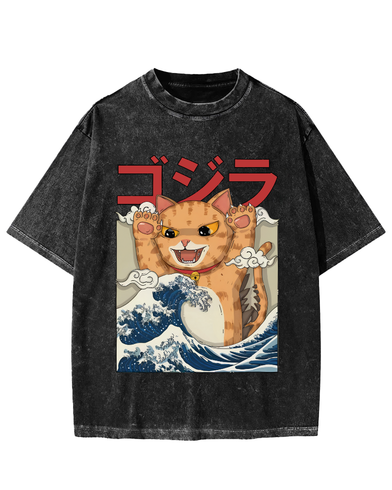 Cat in the Waves, Japanese Style Vintage Washed T-shirt-Zazasy