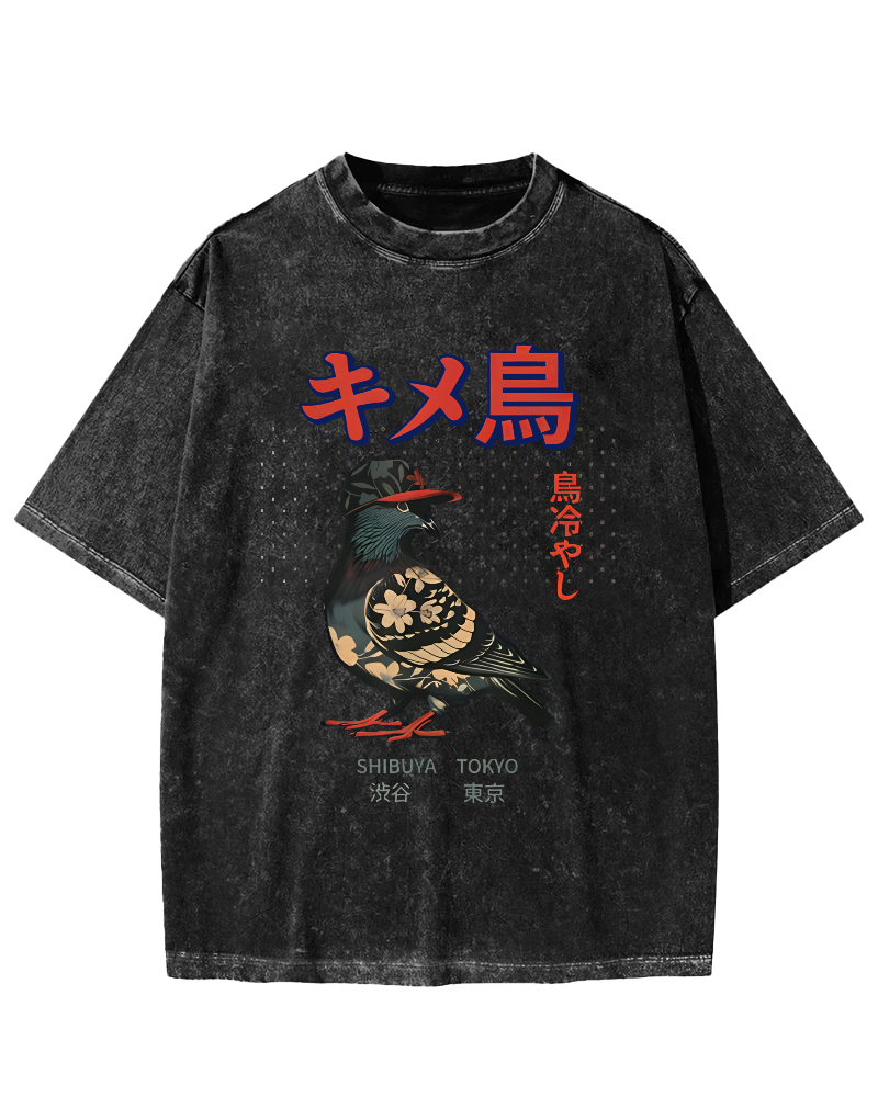 Tokyo Pigeon Vintage Washed T-shirt-Zazasy