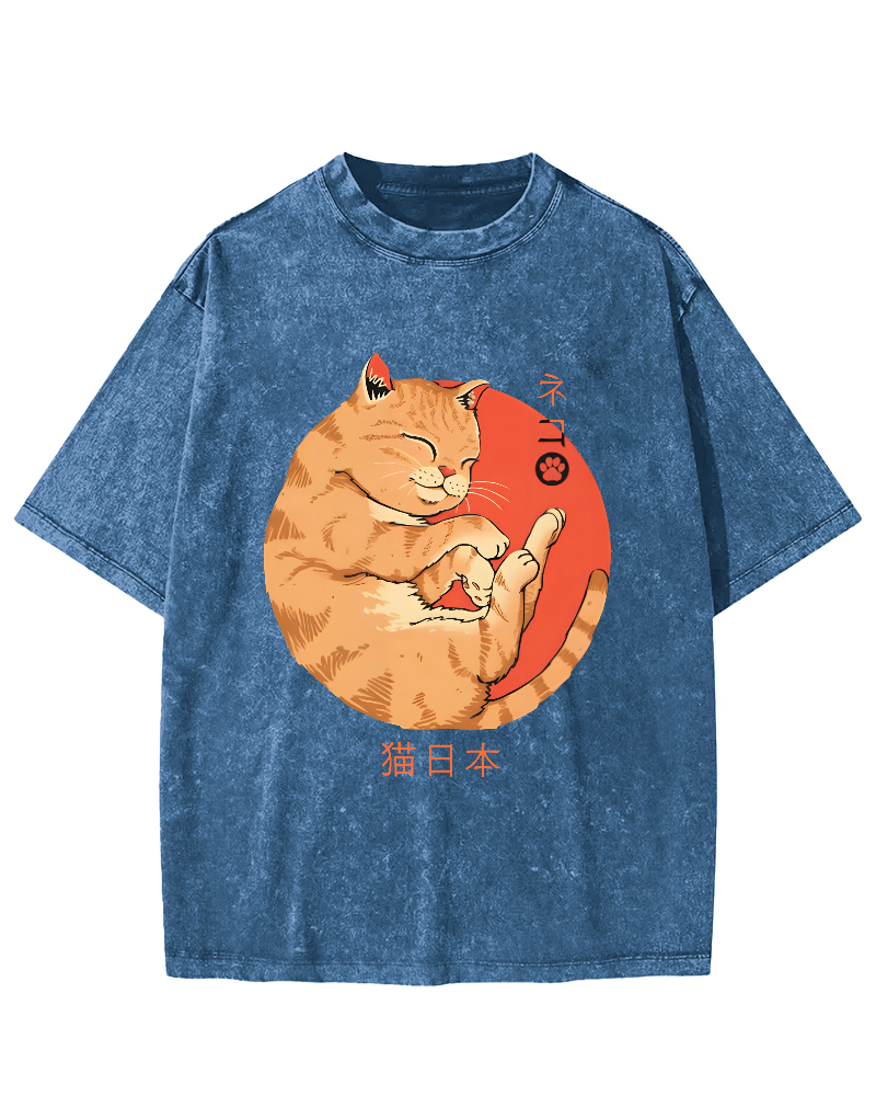 Lazy Japanese Cat Vintage Distressed T-shirt-Zazasy