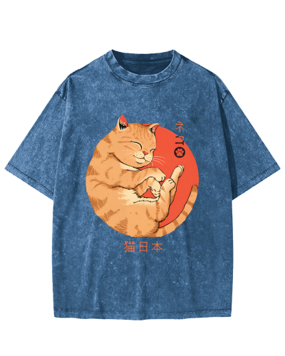 Lazy Japanese Cat Vintage Distressed T-shirt-Zazasy