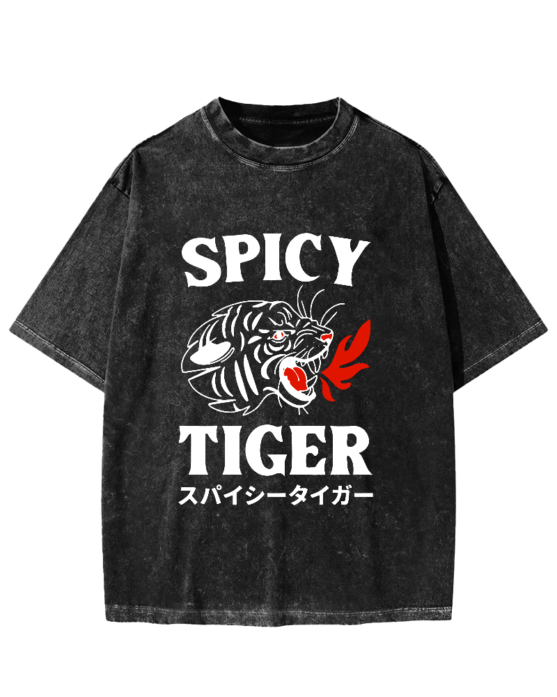 Eating Too Spicy Tiger Japanese Style Food Vintage Washed T-shirt-Zazasy