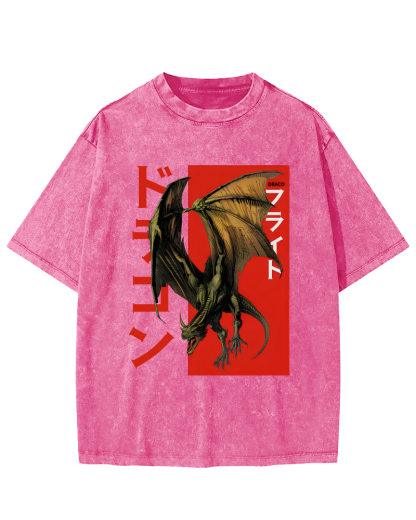 Pterosaur Monster Japanese Style Vintage Washed T-shirt-Zazasy