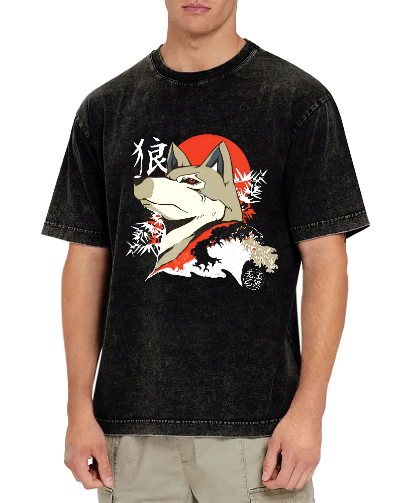 Cartoon Wolf Pattern Japanese Style Vintage Distressed T-shirt-Zazasy