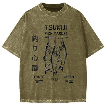 Tsukiji Fish Market Tokyo 1935 Vintage Washed T-shirt