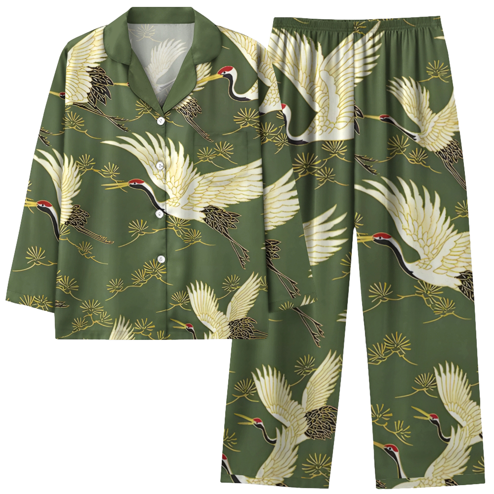 Japanese style flying crane retro comfortable long sleeved shirt pajama set