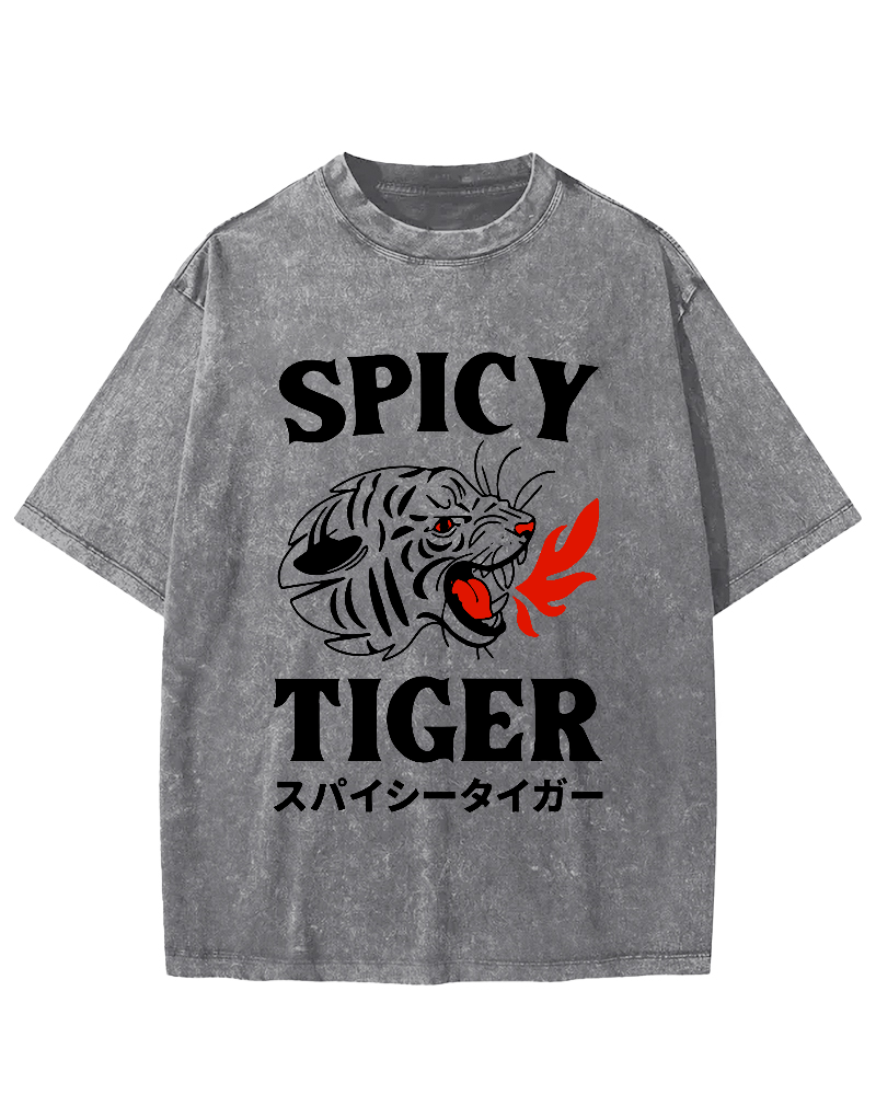 Eating Too Spicy Tiger Japanese Style Food Vintage Washed T-shirt-Zazasy