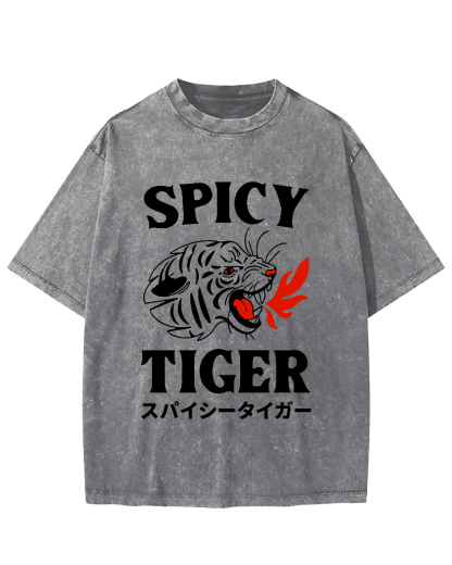 Eating Too Spicy Tiger Japanese Style Food Vintage Washed T-shirt-Zazasy
