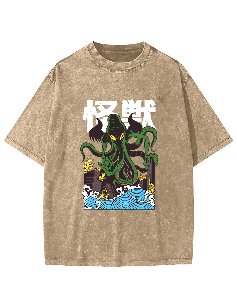 Japanese Octopus Pattern Vintage Distressed T-shirt-Zazasy