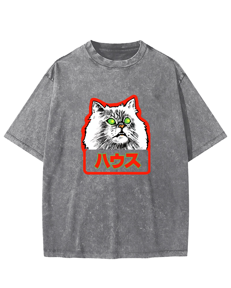 Residential White Cat Japanese Washed T-Shirt-Zazasy