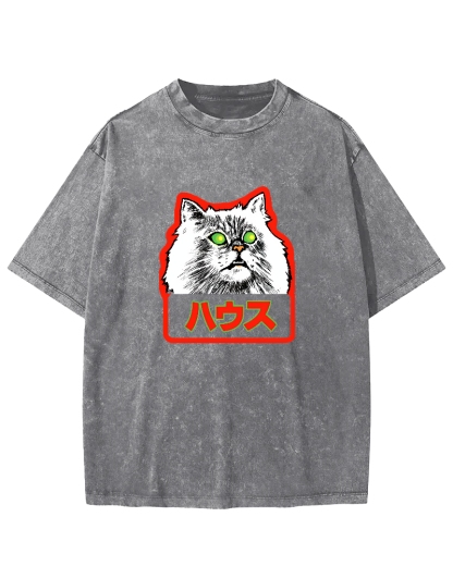 Residential White Cat Japanese Washed T-Shirt-Zazasy