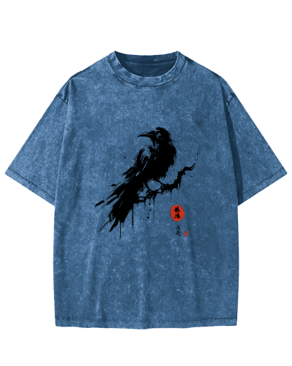 Crow Pattern Japanese Style Vintage Distressed T-shirt-Zazasy