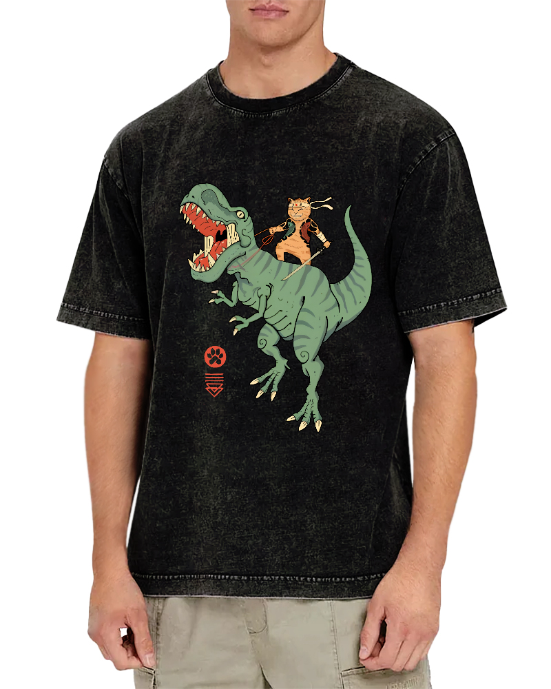 Japanese Style Warrior Cat Riding a Dinosaur Vintage Distressed T-shirt-Zazasy