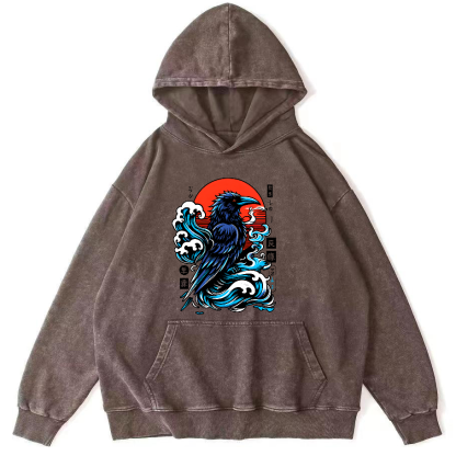 Crows In The Waves Vintage Distressed Hoodie-Zazasy