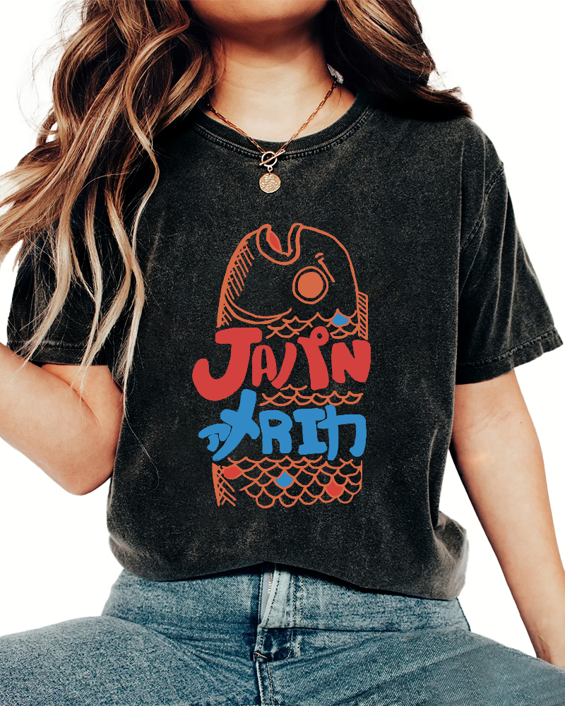 Japanese Abstract Sea Fish Vintage Washed T-shirt-Zazasy