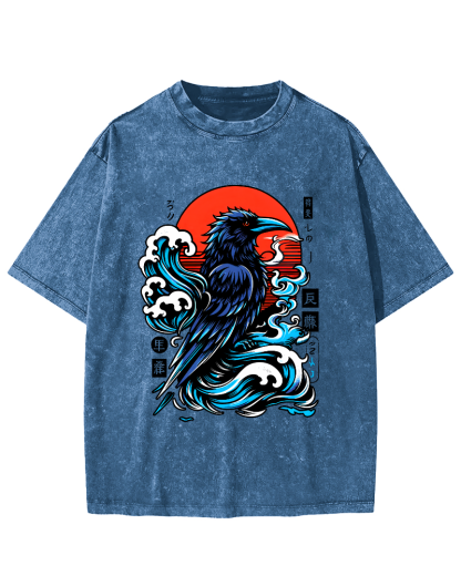 Crows in The Waves, Japanese Style Vintage Distressed T-shirt-Zazasy