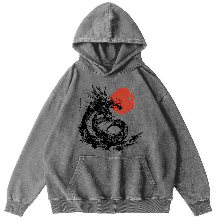 Japanese Style Sea Going Dragon Vintage Distressed Hoodie-Zazasy