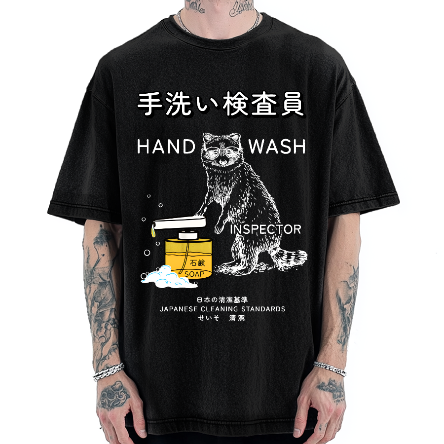 Japanese Raccoon Funny Harajuku Hand Wash Inspector Vintage Washed T-shirt