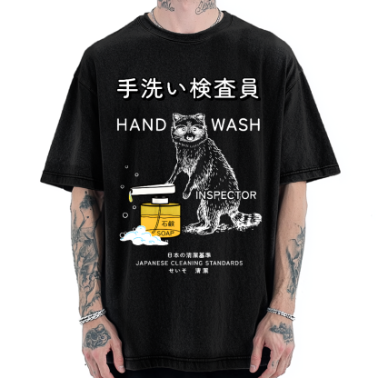 Japanese Raccoon Funny Harajuku Hand Wash Inspector Vintage Washed T-shirt