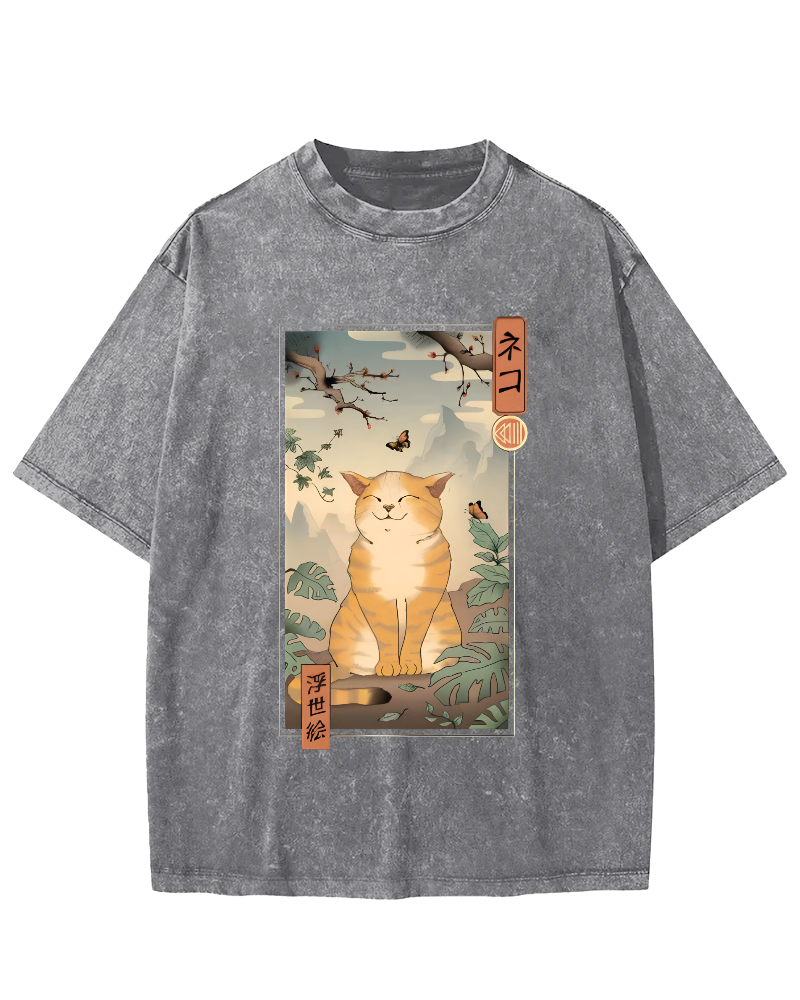 Cute and Lazy Cat Japanese Style Vintage Distressed T-shirt-Zazasy