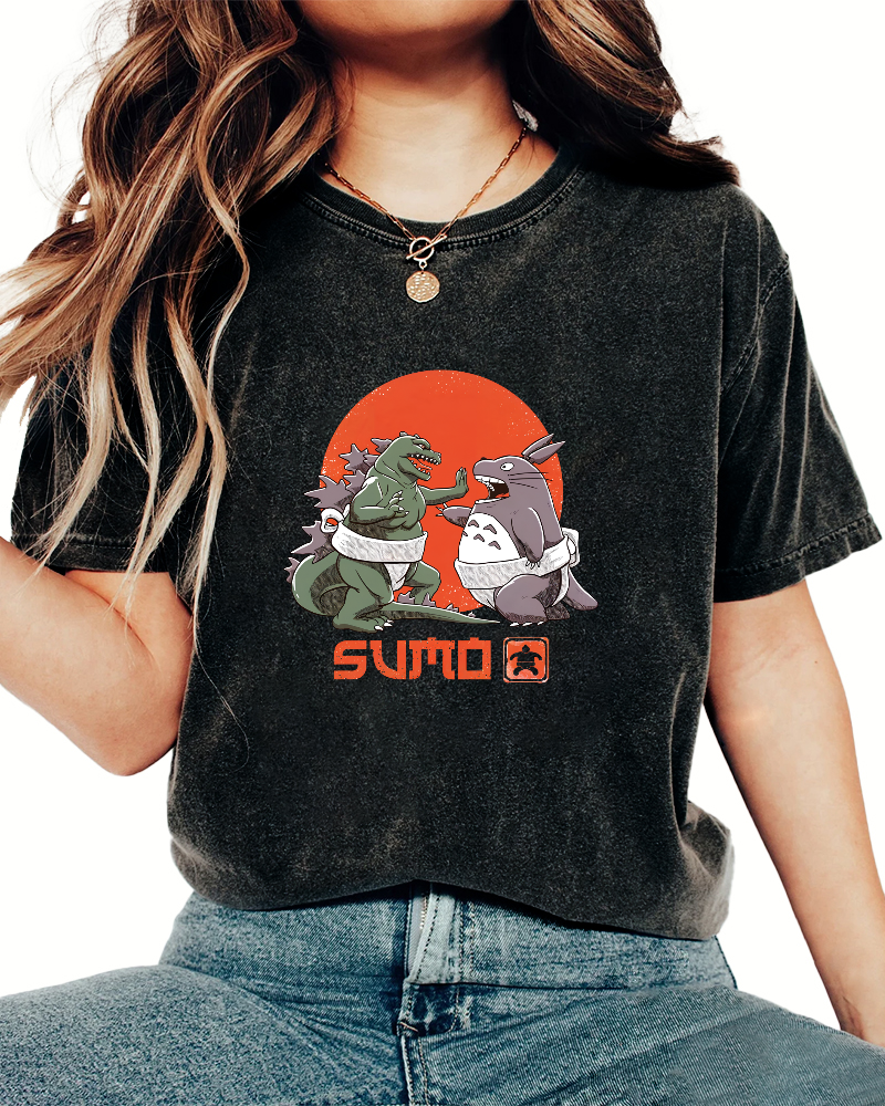 Japanese Style Cartoon Monster Pattern Vintage Distressed T-shirt-Zazasy