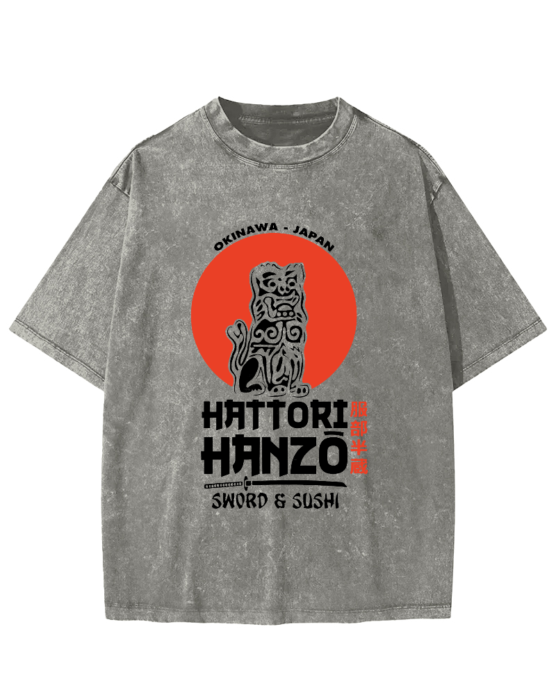 Japanese lion Pattern Vintage Distressed T-shirt-Zazasy