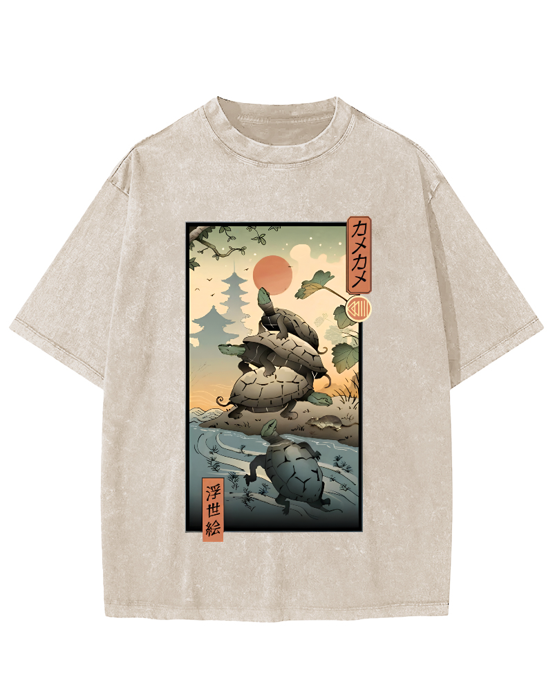 Ukiyoe Turtle Japanese Vintage Washed T-shirt-Zazasy