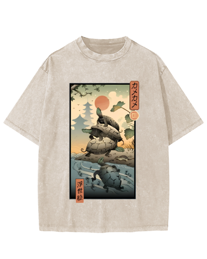 Ukiyoe Turtle Japanese Vintage Washed T-shirt-Zazasy