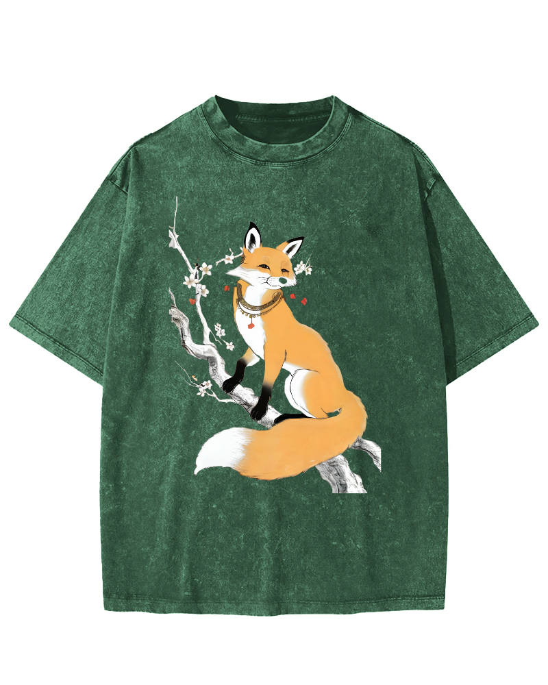 Fox Landscape Painting Japanese Style Vintage Washed T-shirt-Zazasy