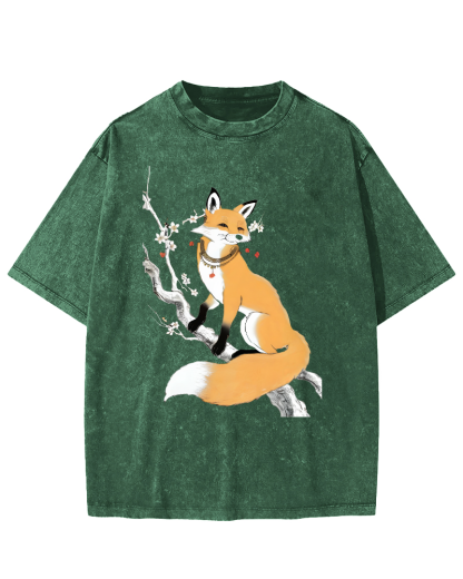 Fox Landscape Painting Japanese Style Vintage Washed T-shirt-Zazasy