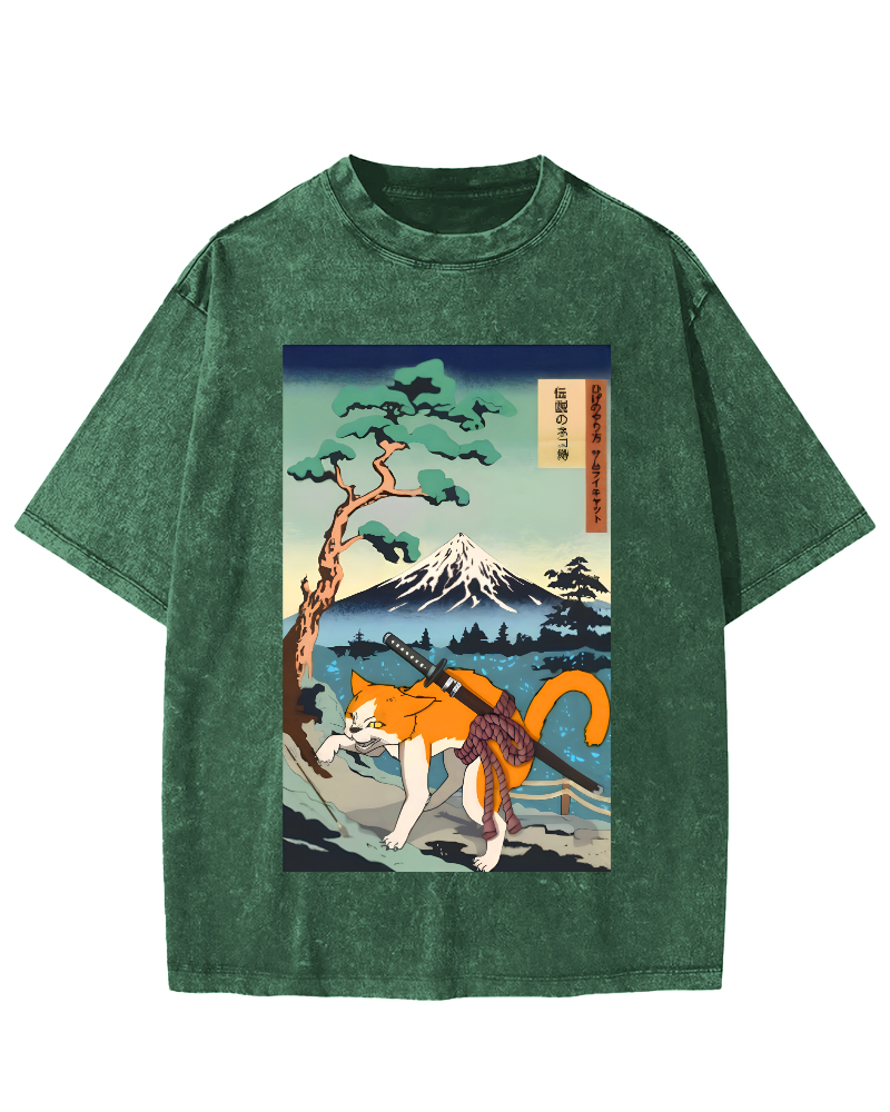 Edo Period Cat Pattern Vintage Washed T-shirt-Zazasy