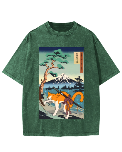 Edo Period Cat Pattern Vintage Washed T-shirt-Zazasy