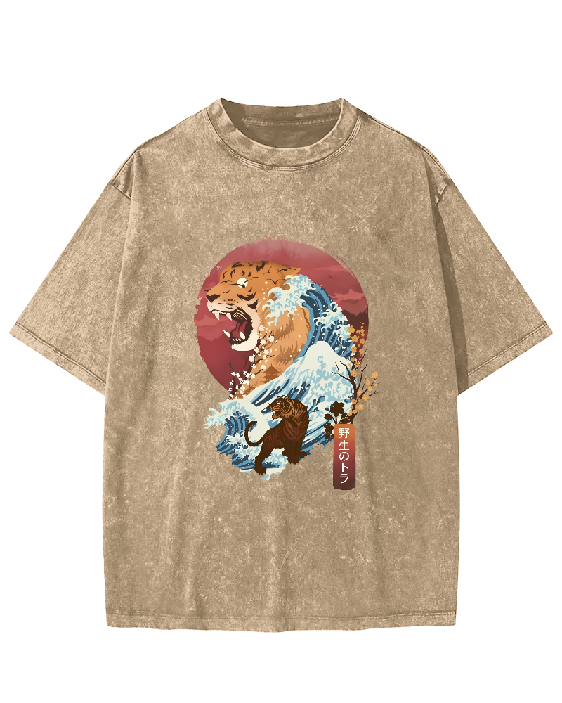 Tiger in Japanese Waves Vintage Distressed T-shirt-Zazasy