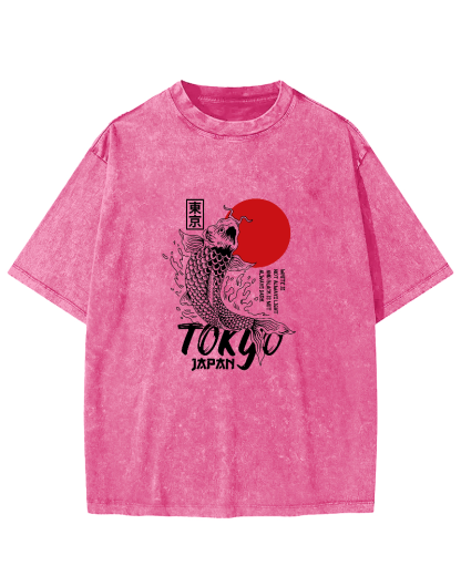 Tokyo Koi Pattern Vintage Distressed T-shirt-Zazasy